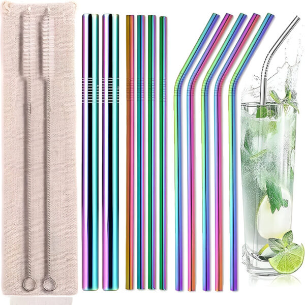6-Piece Stainless Steel Reusable Straws with Cleaning Brush